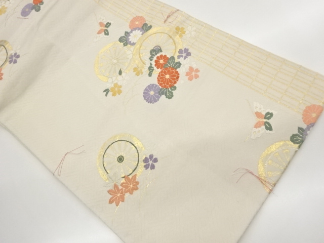 未使用品　片輪車に菊・紅葉・蝶模様織出し名古屋帯